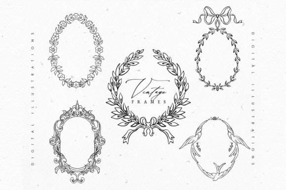 Baroque Vintage Line Art Crest Frames: Decorative Elements & Graphics