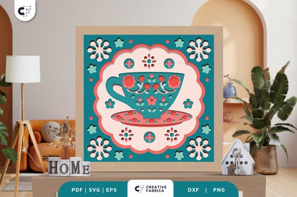 Cup of Tea Folk Art 3D Light Box SVG: Ornaments & 3D SVG