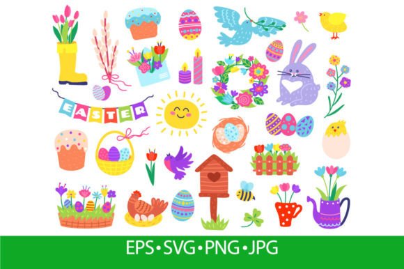 Cute Easter Elements Spring Illustrations & Graphics